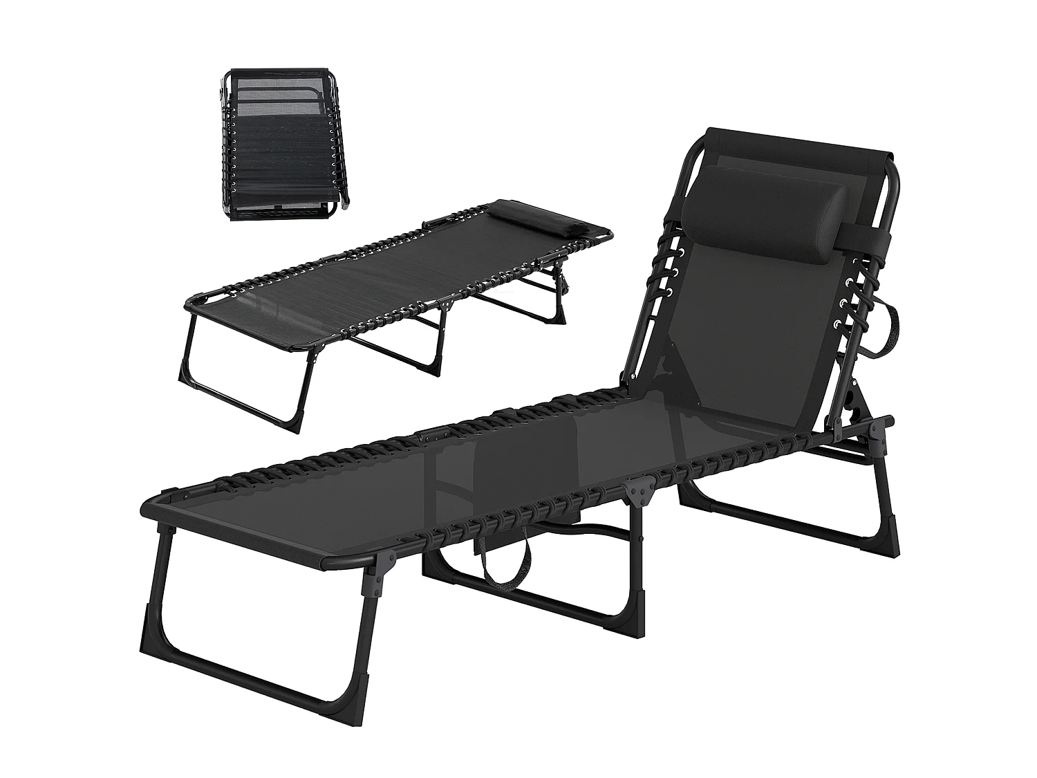 Bain de soleil transat pliable dossier inclinable acier époxy noir lacets élastiques textilène noir
