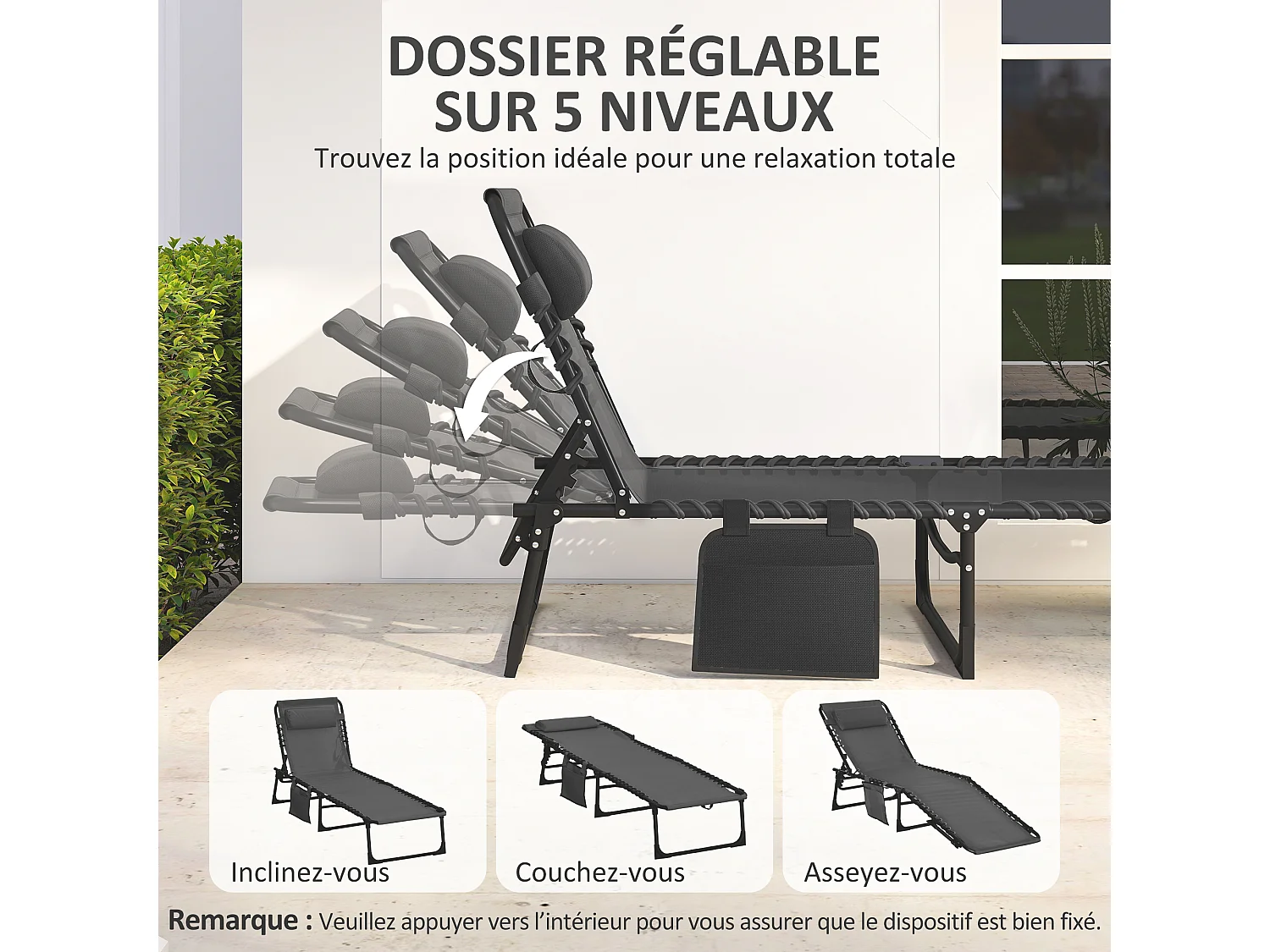 Bain de soleil transat pliable dossier inclinable acier époxy noir lacets élastiques textilène noir