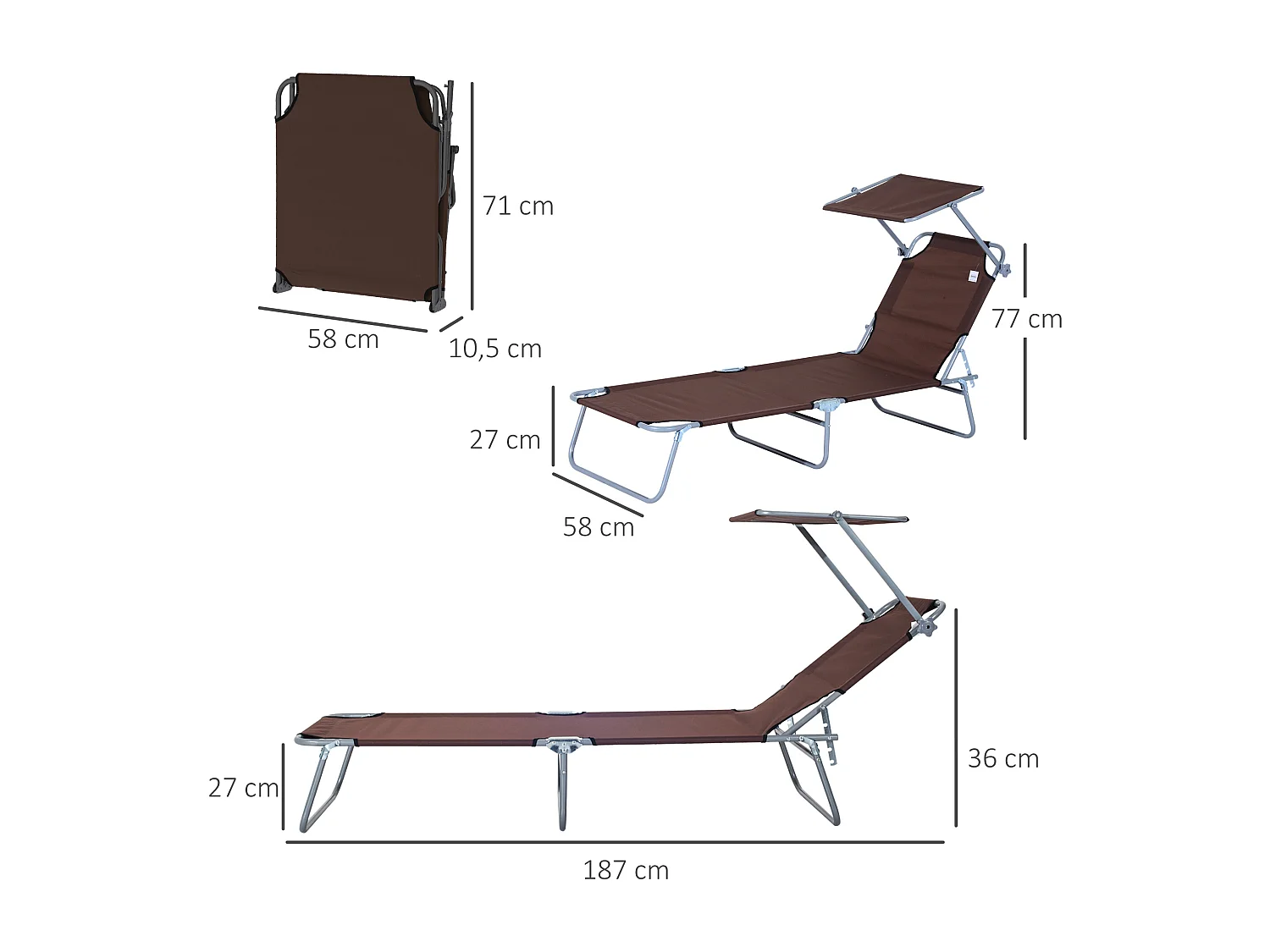 Transat bain de soleil pliable grand confort dossier et pare-soleil réglable multi-positions chocolat
