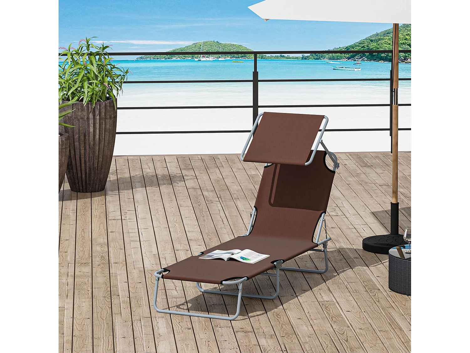 Transat bain de soleil pliable grand confort dossier et pare-soleil réglable multi-positions chocolat