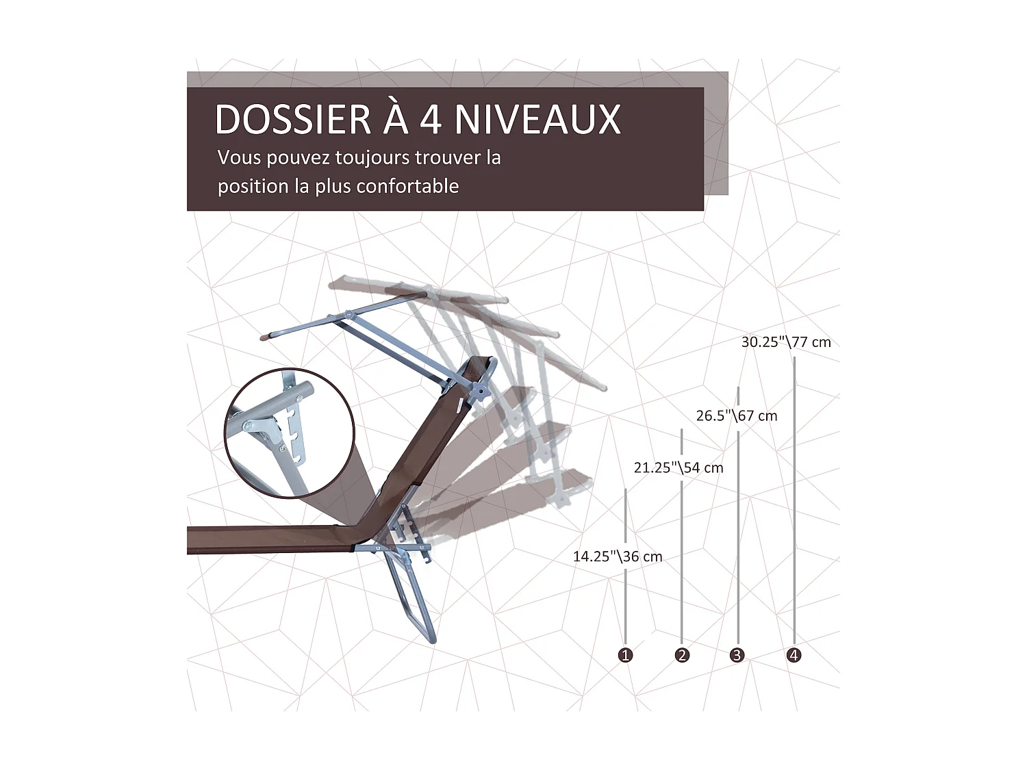 Transat bain de soleil pliable grand confort dossier et pare-soleil réglable multi-positions chocolat