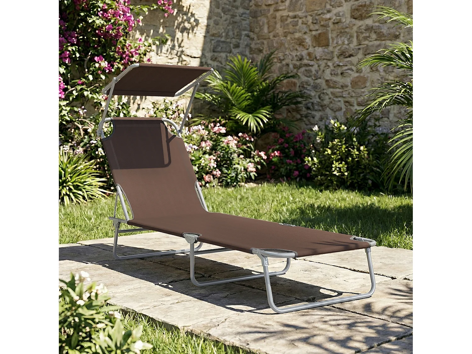 Transat bain de soleil pliable grand confort dossier et pare-soleil réglable multi-positions chocolat