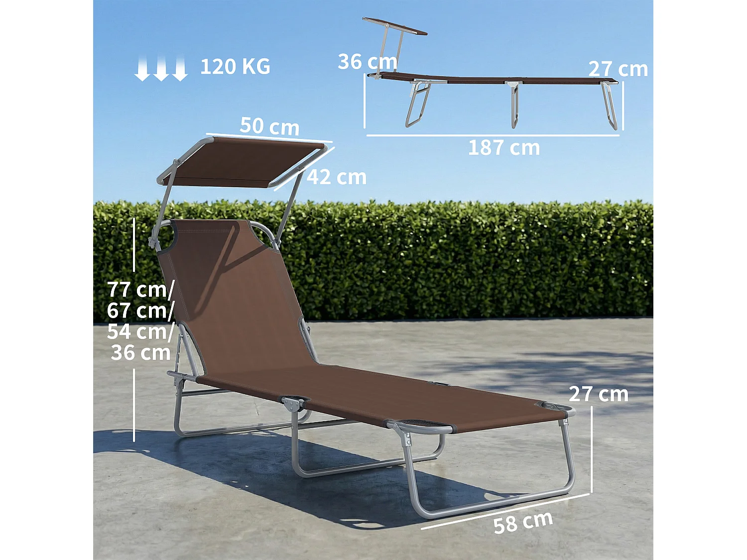 Transat bain de soleil pliable grand confort dossier et pare-soleil réglable multi-positions chocolat