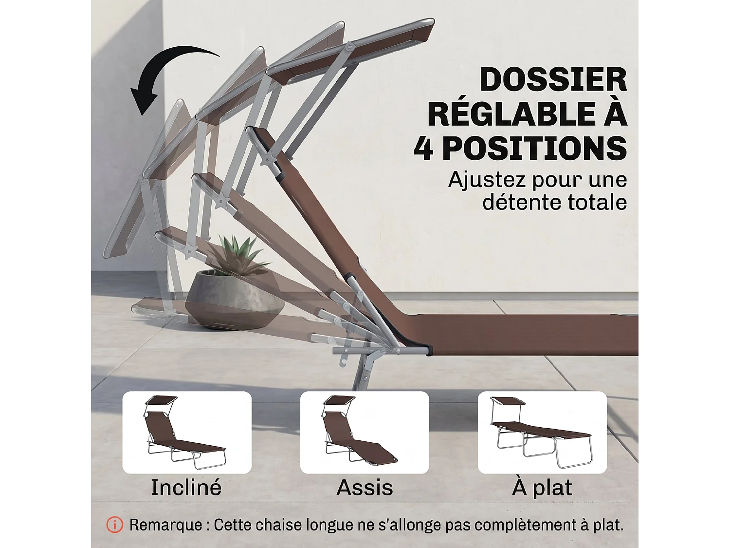 Transat bain de soleil pliable grand confort dossier et pare-soleil réglable multi-positions chocolat