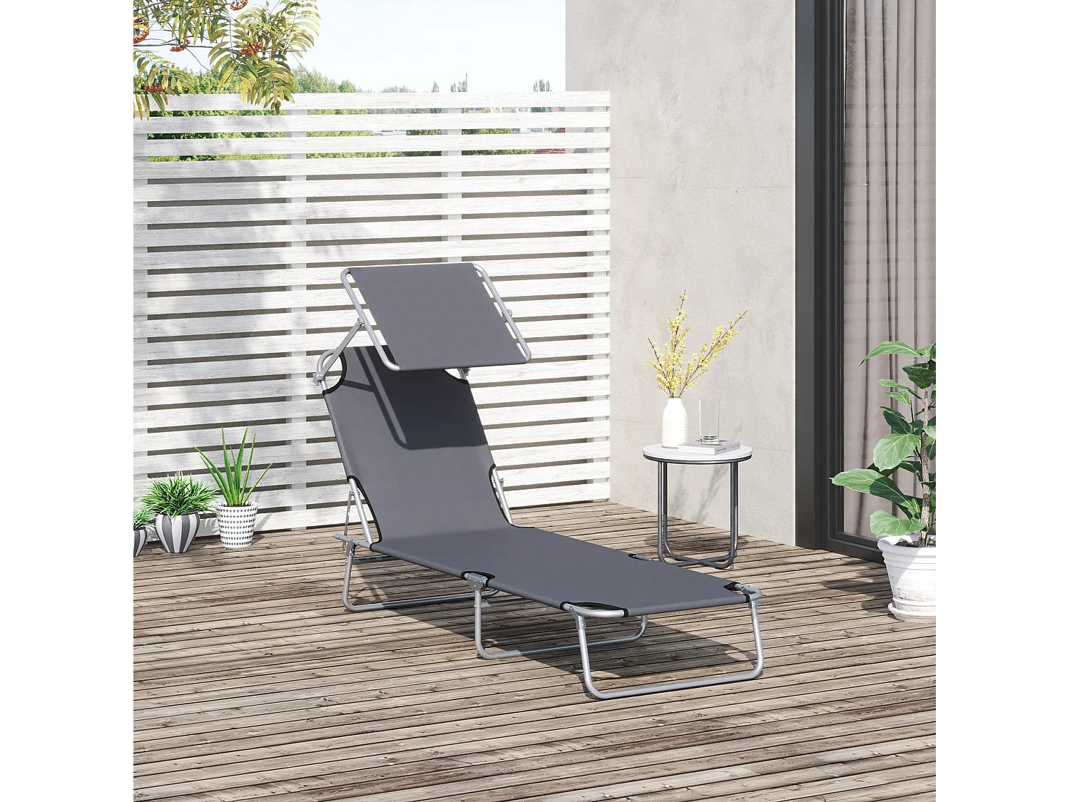 Transat bain de soleil pliable grand confort dossier et pare-soleil réglable multi-positions gris