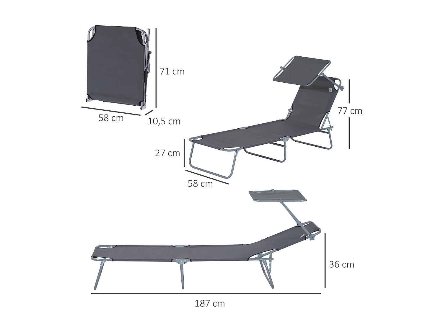 Transat bain de soleil pliable grand confort dossier et pare-soleil réglable multi-positions gris