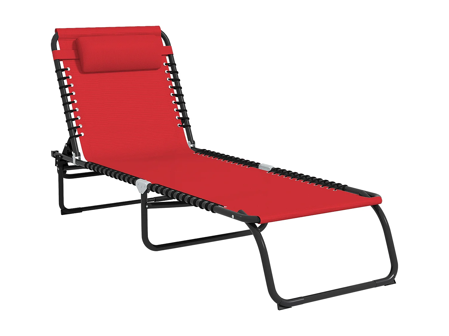 Bain de soleil transat pliable dossier inclinable multi-positions acier thermoplastique lacets élastiques noir textilène rouge