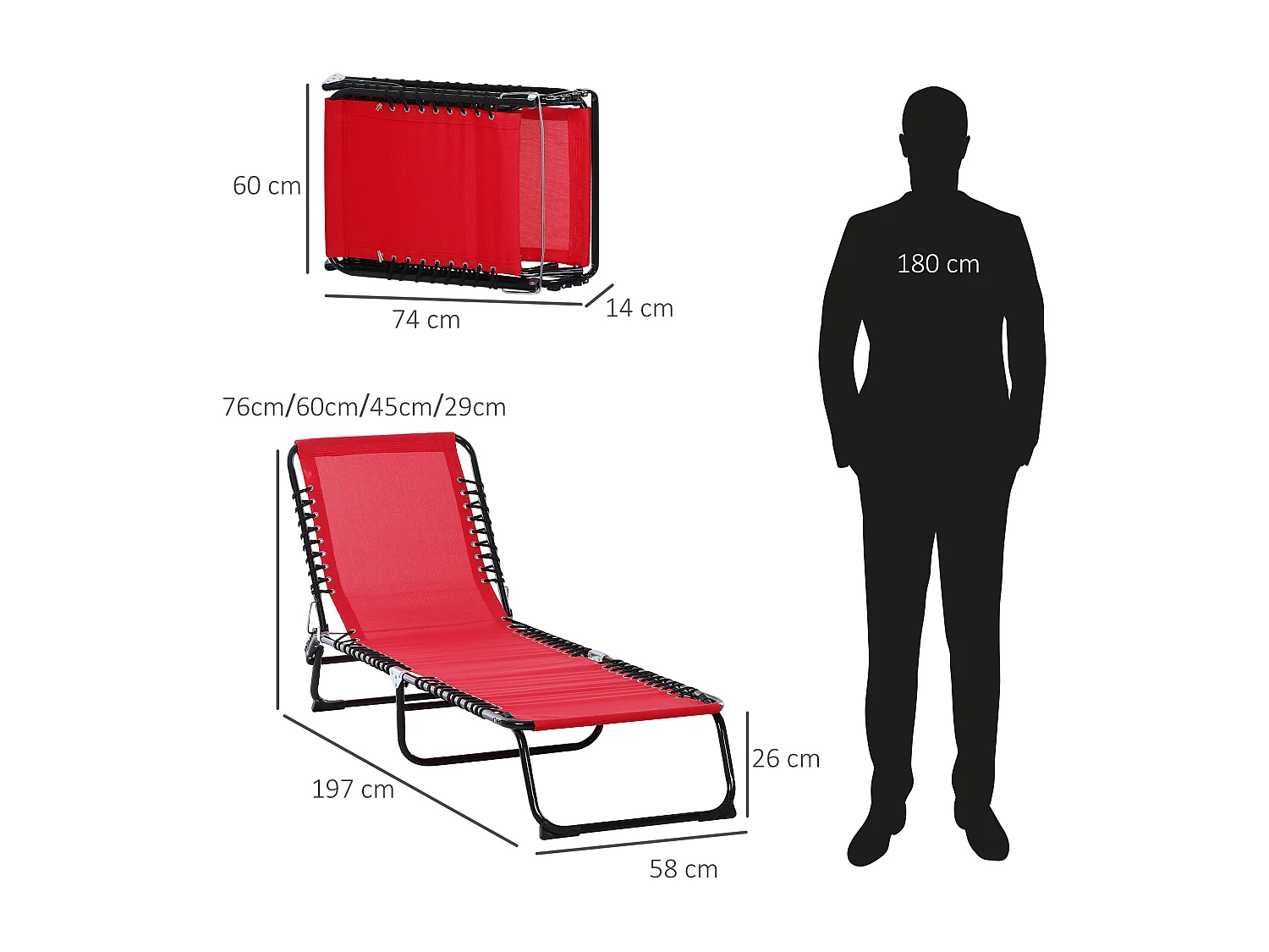 Bain de soleil transat pliable dossier inclinable multi-positions acier thermoplastique lacets élastiques noir textilène rouge