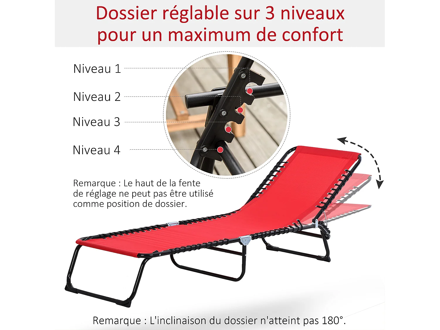 Bain de soleil transat pliable dossier inclinable multi-positions acier thermoplastique lacets élastiques noir textilène rouge