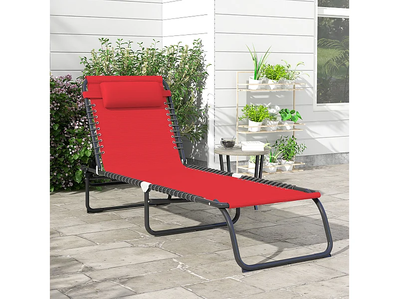 Bain de soleil transat pliable dossier inclinable multi-positions acier thermoplastique lacets élastiques noir textilène rouge