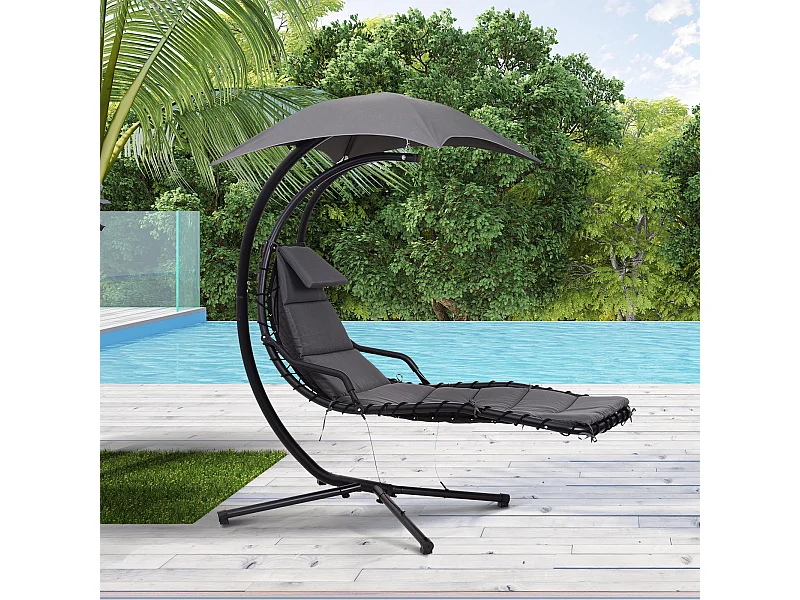 Bain de soleil transat suspendu avec pare-soleil et matelas design contemporain 190L x 115l x 190H cm acier polyester gris foncé noir