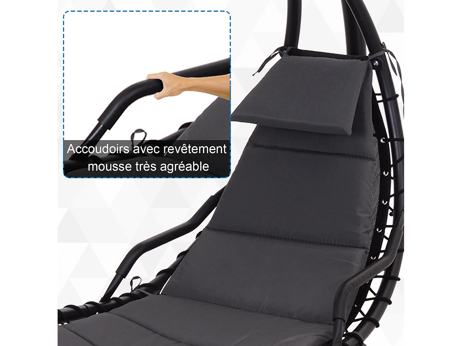 Bain de soleil transat suspendu avec pare-soleil et matelas design contemporain 190L x 115l x 190H cm acier polyester gris foncé noir