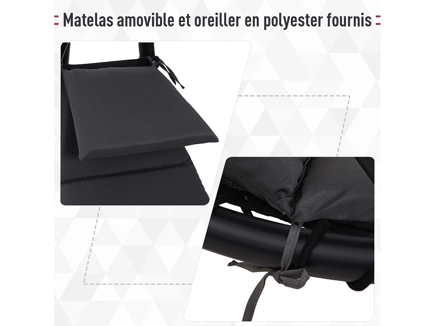 Bain de soleil transat suspendu avec pare-soleil et matelas design contemporain 190L x 115l x 190H cm acier polyester gris foncé noir