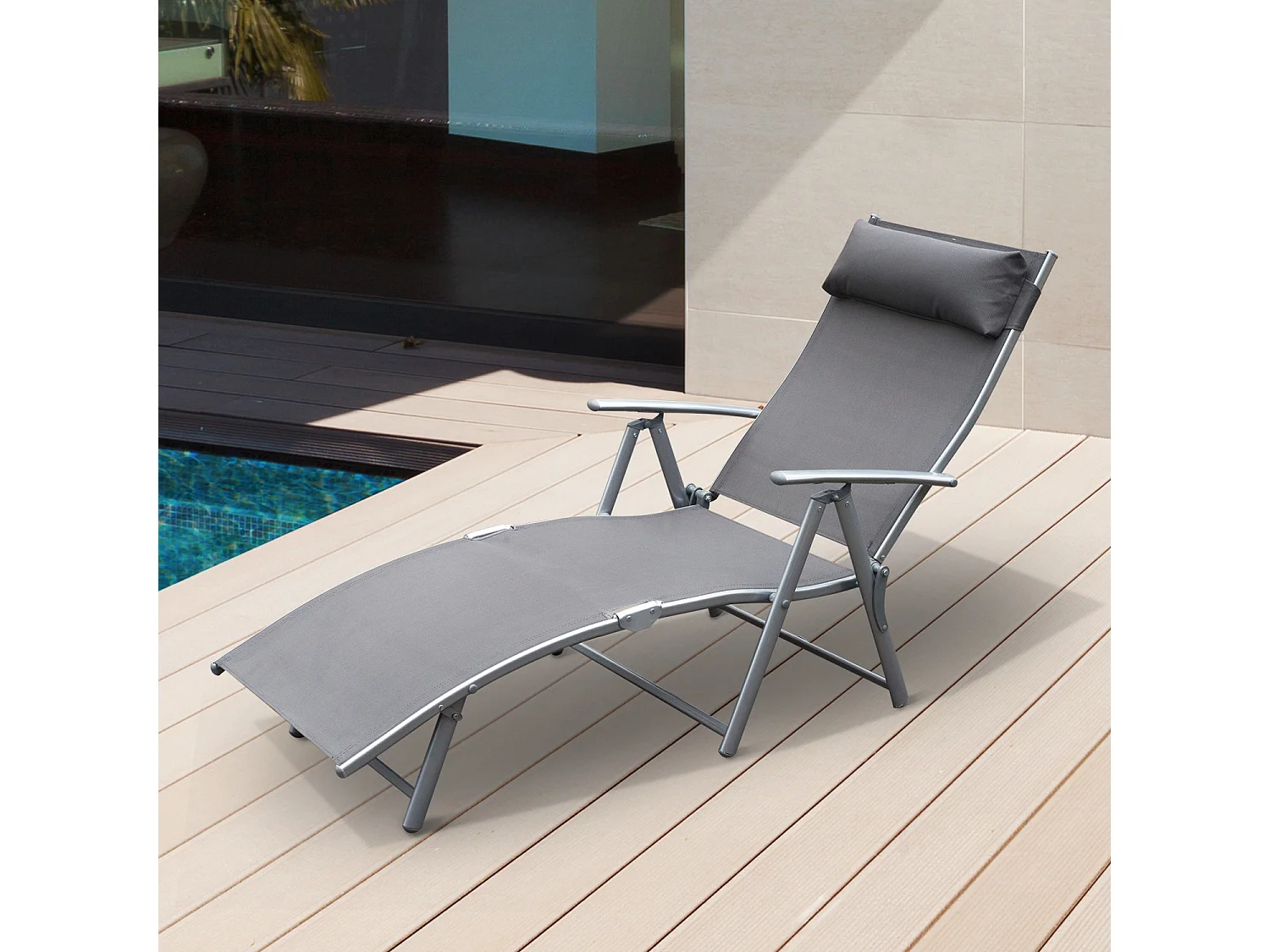 Outsunny transat chaise longue bain de soleil pliable dossier inclinable multi-positions têtière fournie 137L x 64l x 101H cm métal époxy textilène gris