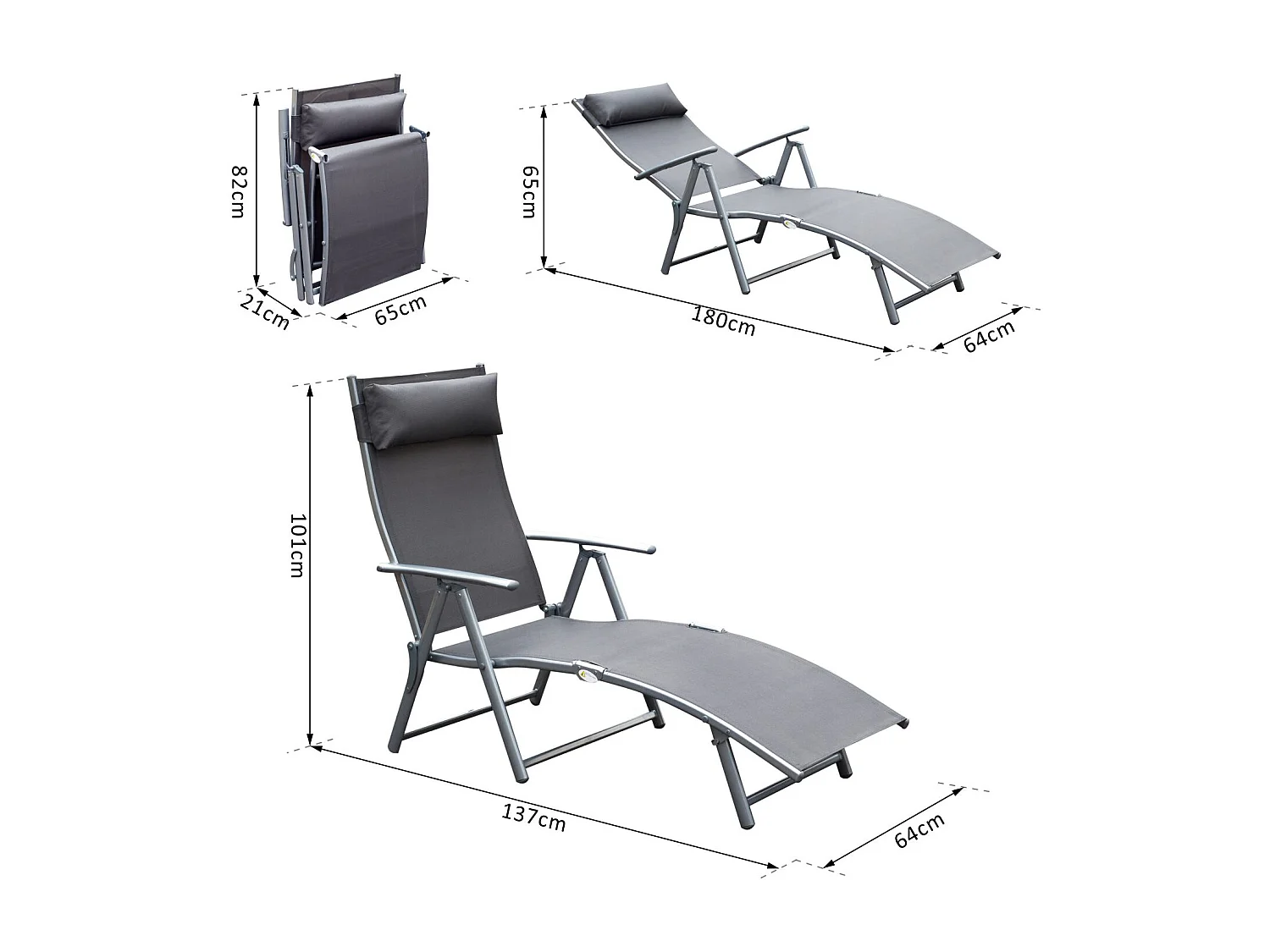 Outsunny transat chaise longue bain de soleil pliable dossier inclinable multi-positions têtière fournie 137L x 64l x 101H cm métal époxy textilène gris