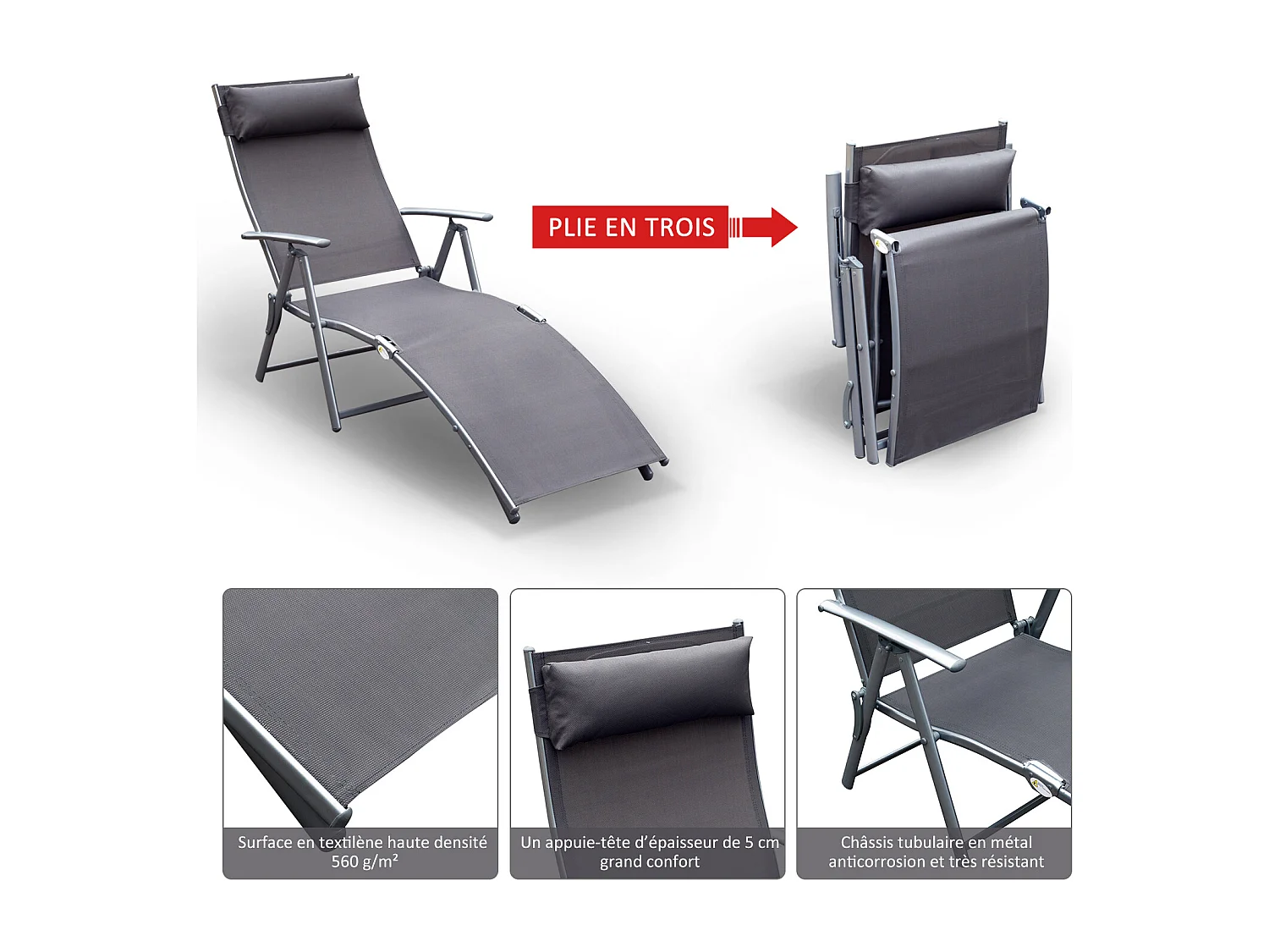 Outsunny transat chaise longue bain de soleil pliable dossier inclinable multi-positions têtière fournie 137L x 64l x 101H cm métal époxy textilène gris