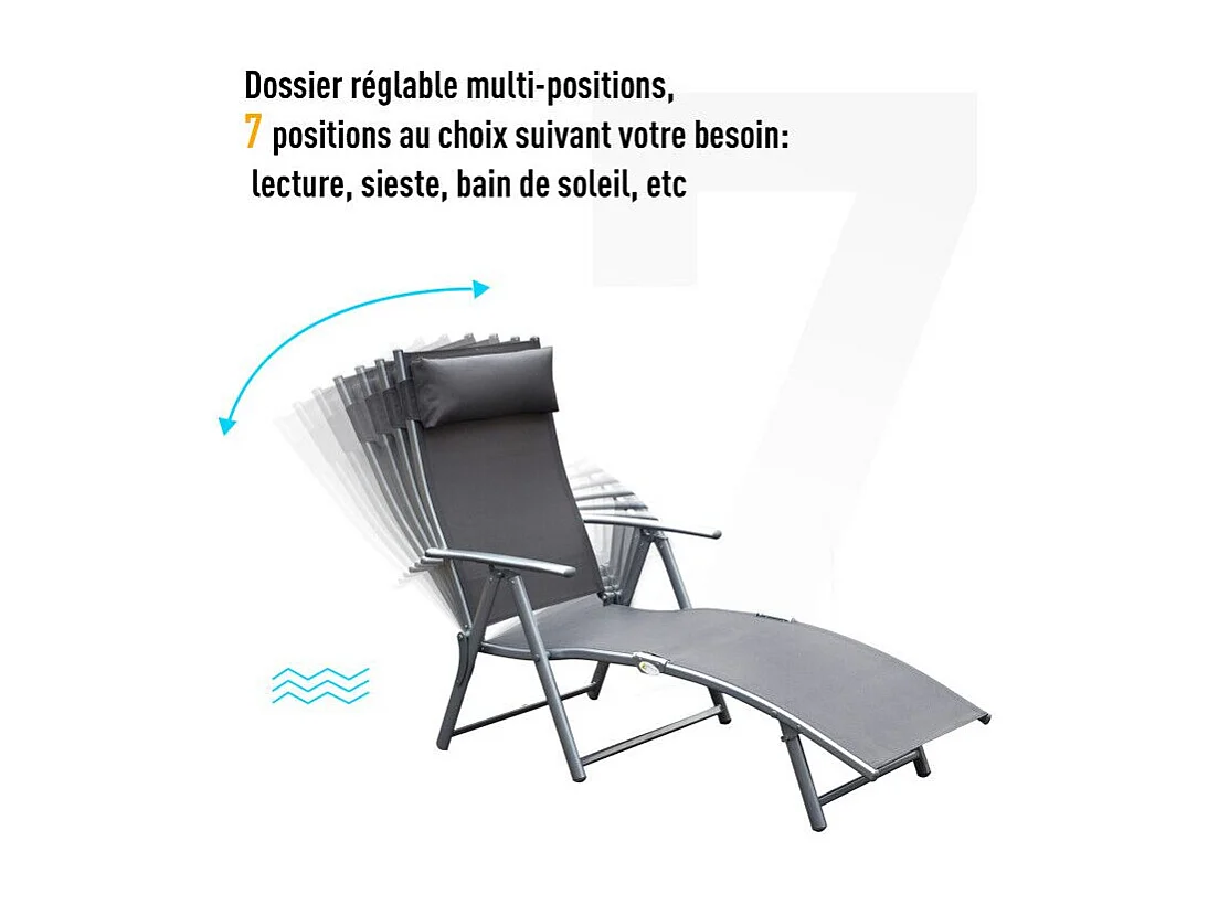 Outsunny transat chaise longue bain de soleil pliable dossier inclinable multi-positions têtière fournie 137L x 64l x 101H cm métal époxy textilène gris