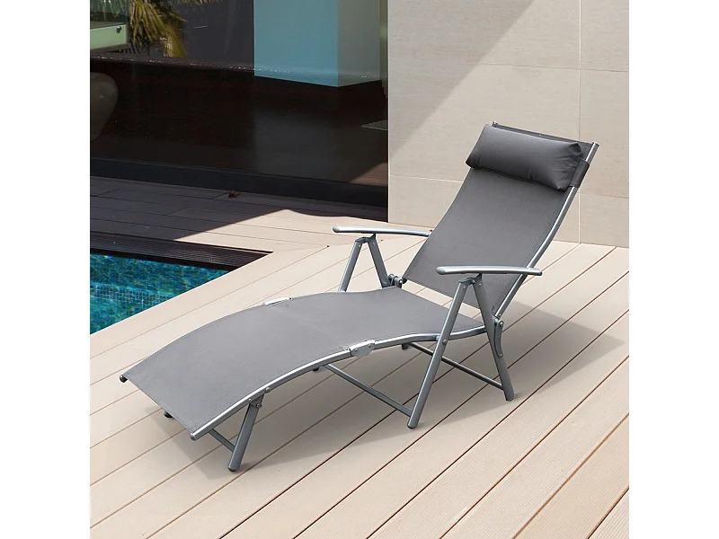 Outsunny transat chaise longue bain de soleil pliable dossier inclinable multi-positions têtière fournie 137L x 64l x 101H cm métal époxy textilène gris