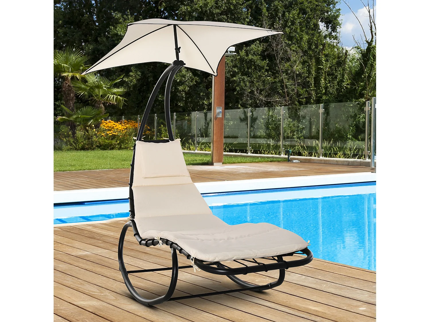 Bain de soleil transat à bascule design contemporain avec pare-soleil, matelas grand confort, tétière métal époxy noir polyester crème