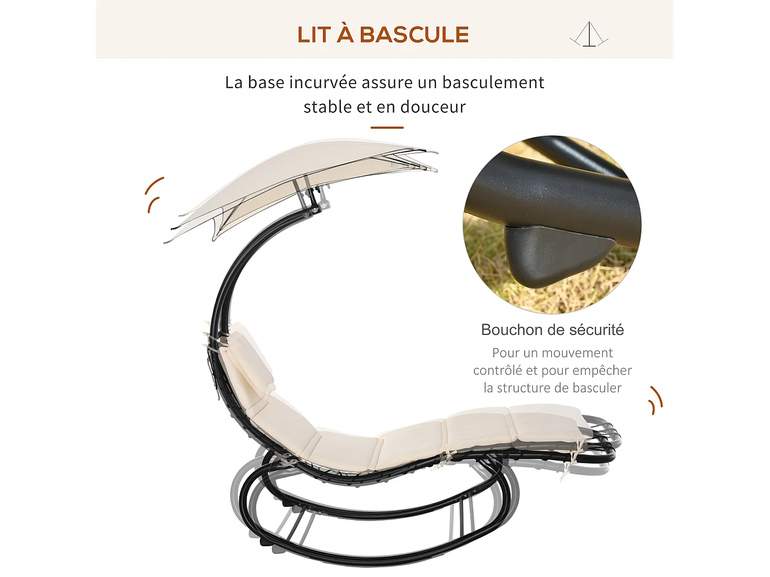 Bain de soleil transat à bascule design contemporain avec pare-soleil, matelas grand confort, tétière métal époxy noir polyester crème