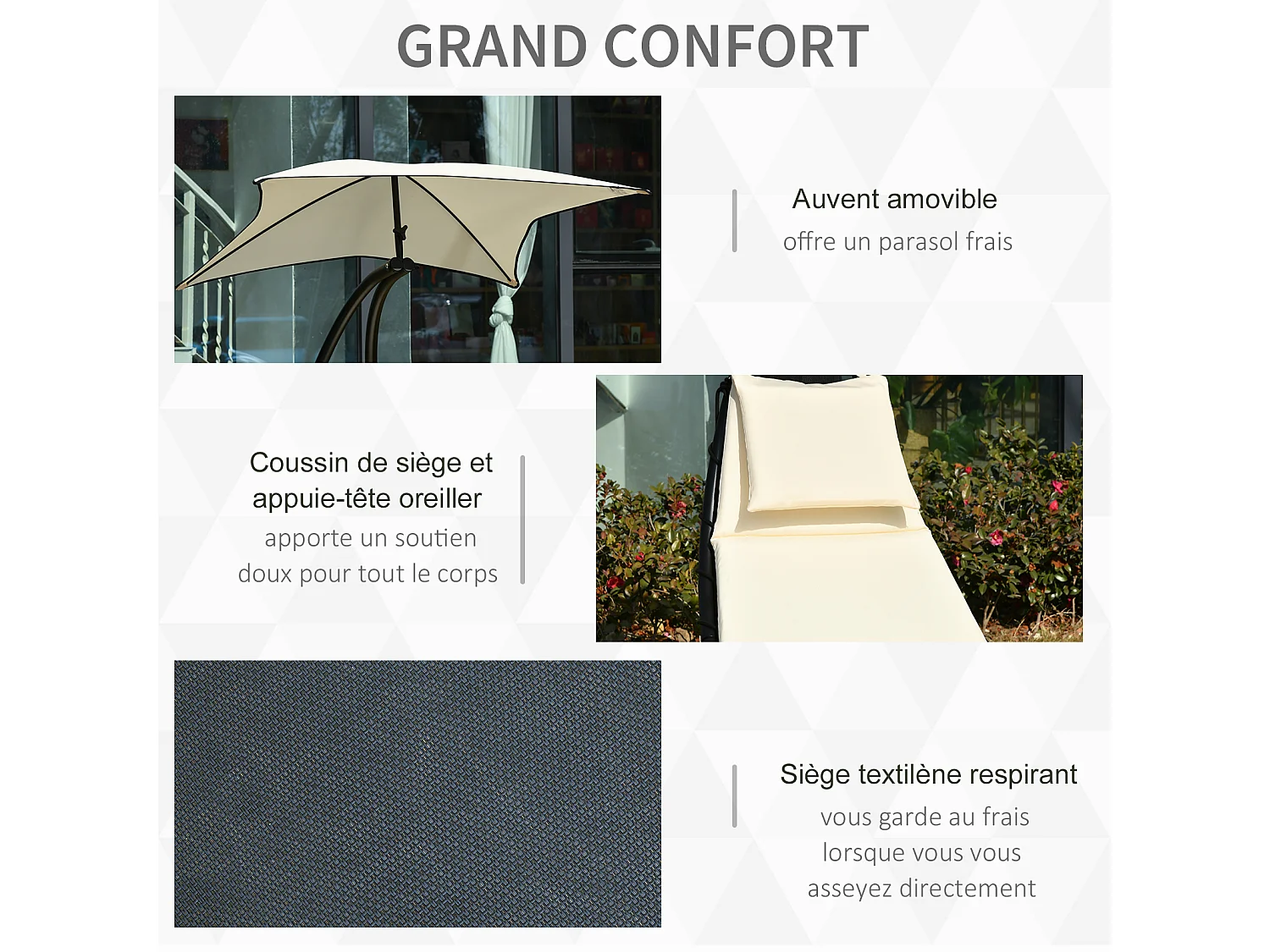 Bain de soleil transat à bascule design contemporain avec pare-soleil, matelas grand confort, tétière métal époxy noir polyester crème