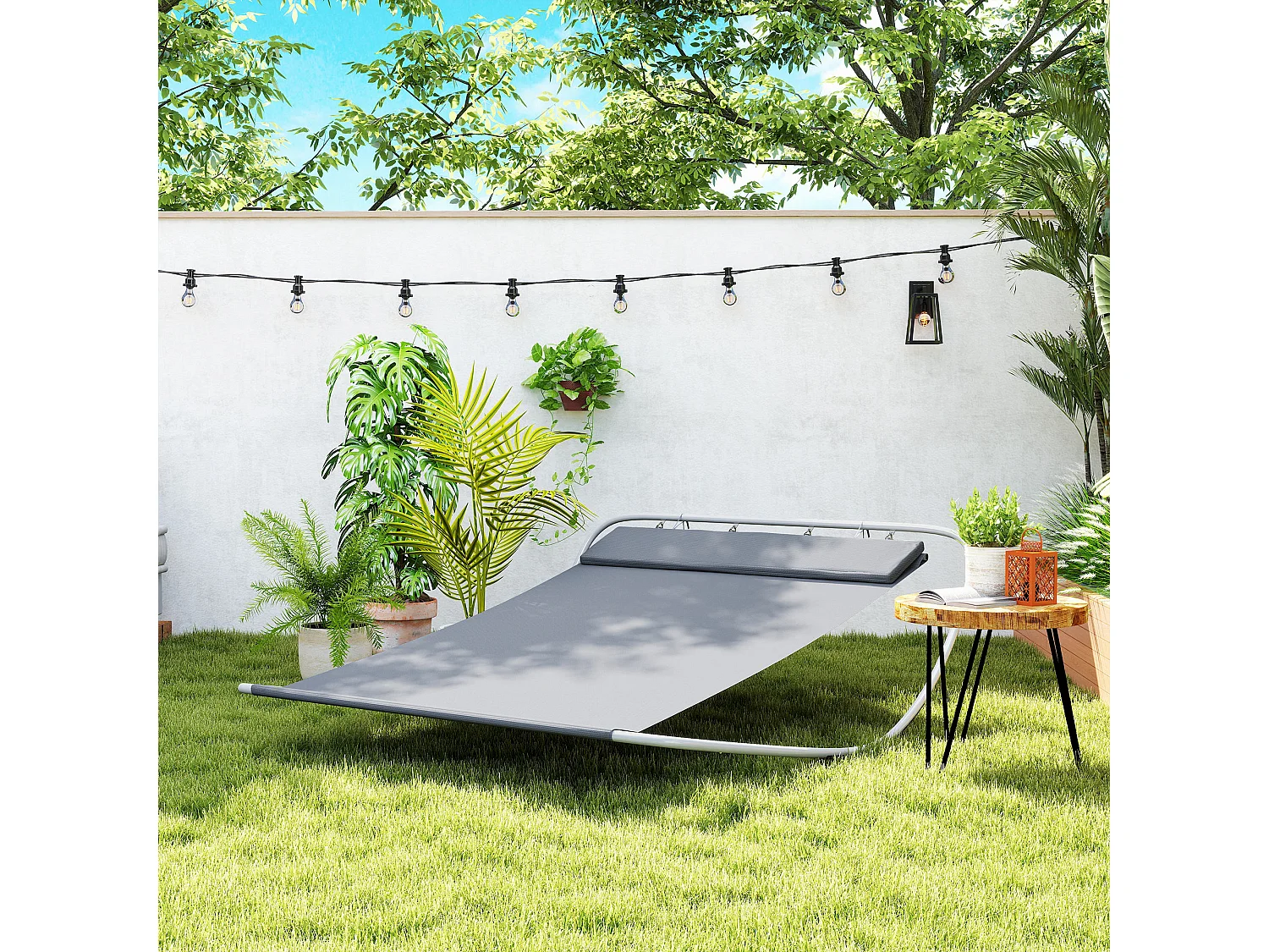 Bain de soleil transat de jardin bascule 2 personnes hamac 2,12 x 1,75 x 0,6 m gris