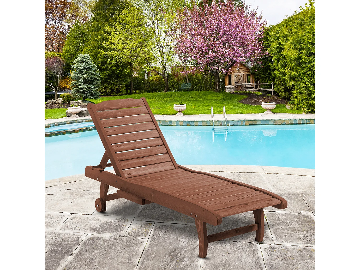 Bain de soleil transat style colonial dossier réglable 3 positions roulettes tablette support bois sapin pré-huilé