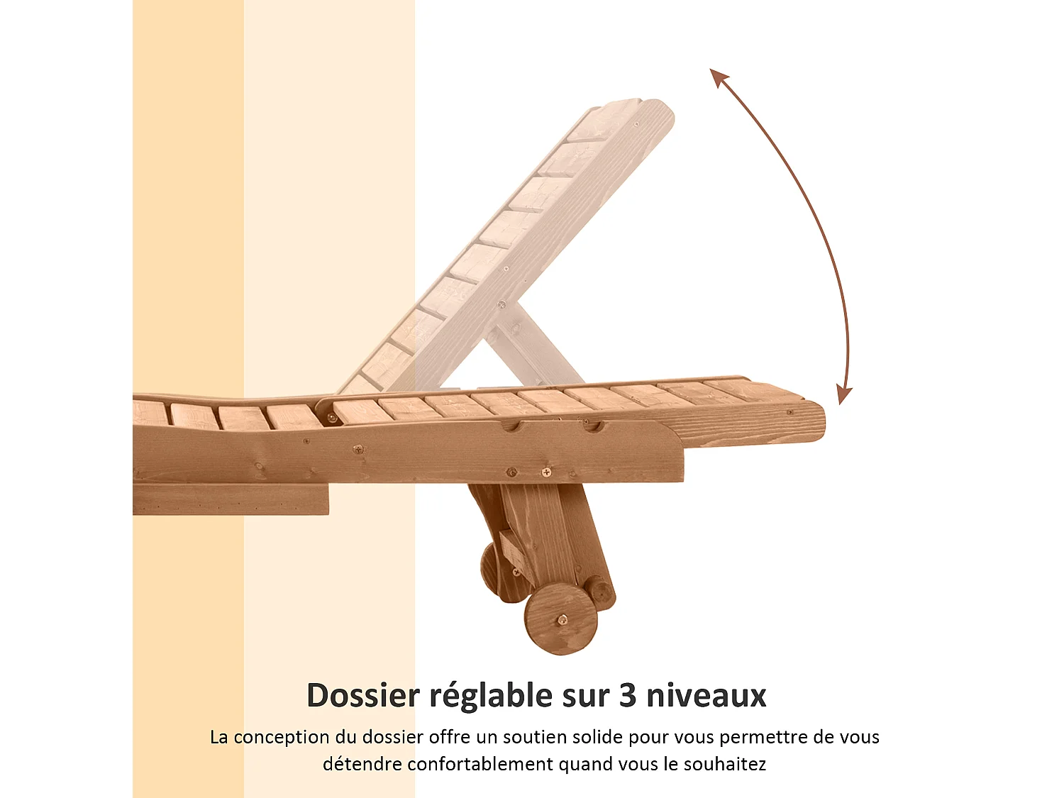 Bain de soleil transat style colonial dossier réglable 3 positions roulettes tablette support bois sapin pré-huilé