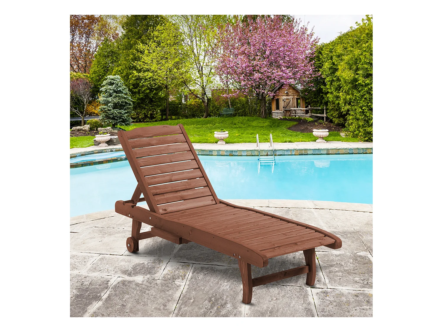Bain de soleil transat style colonial dossier réglable 3 positions roulettes tablette support bois sapin pré-huilé