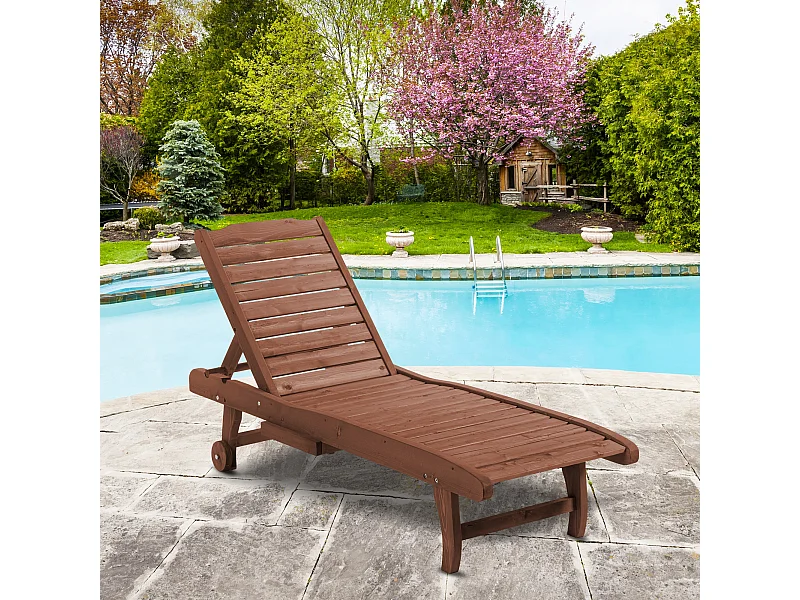 Bain de soleil transat style colonial dossier réglable 3 positions roulettes tablette support bois sapin pré-huilé