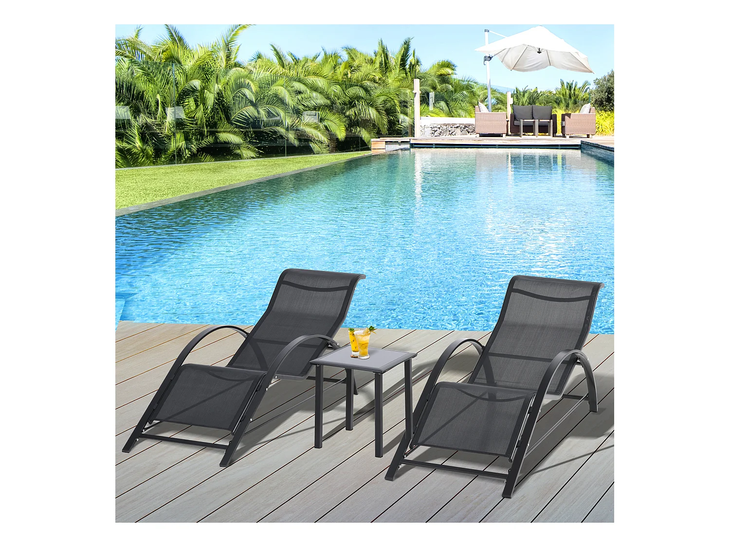 Lot de 2 bains de soleil design contemporain table basse plateau verre trempé métal époxy textilène noir