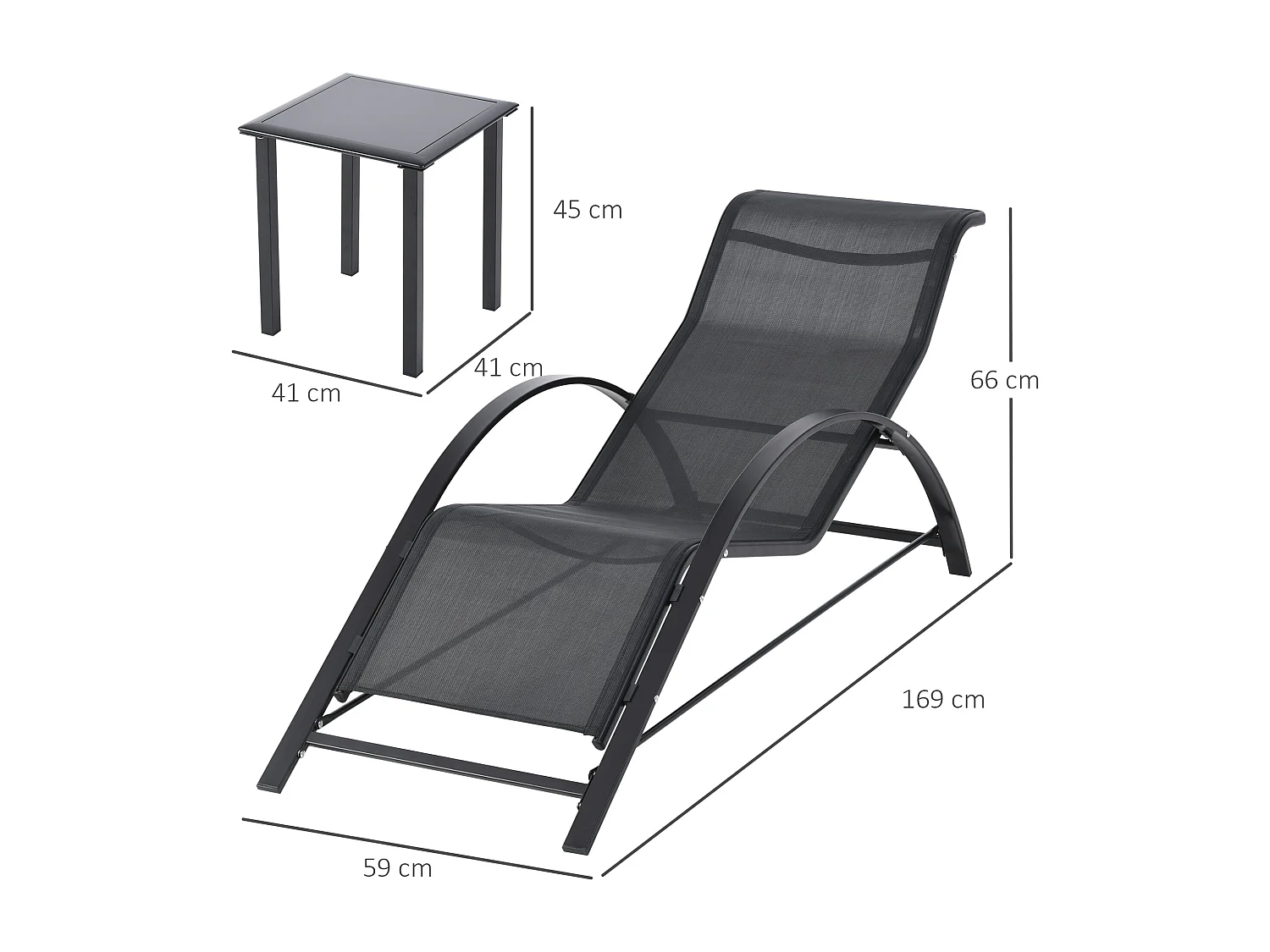 Lot de 2 bains de soleil design contemporain table basse plateau verre trempé métal époxy textilène noir