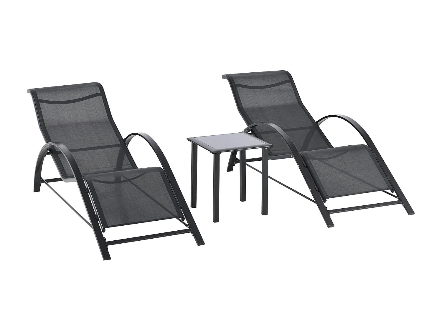 Lot de 2 bains de soleil design contemporain table basse plateau verre trempé métal époxy textilène noir