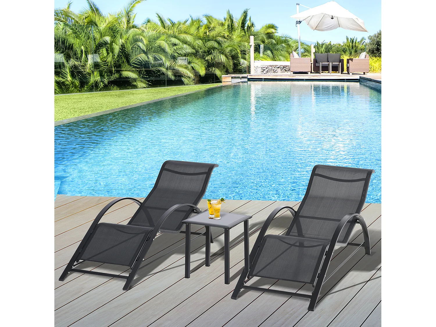 Lot de 2 bains de soleil design contemporain table basse plateau verre trempé métal époxy textilène noir