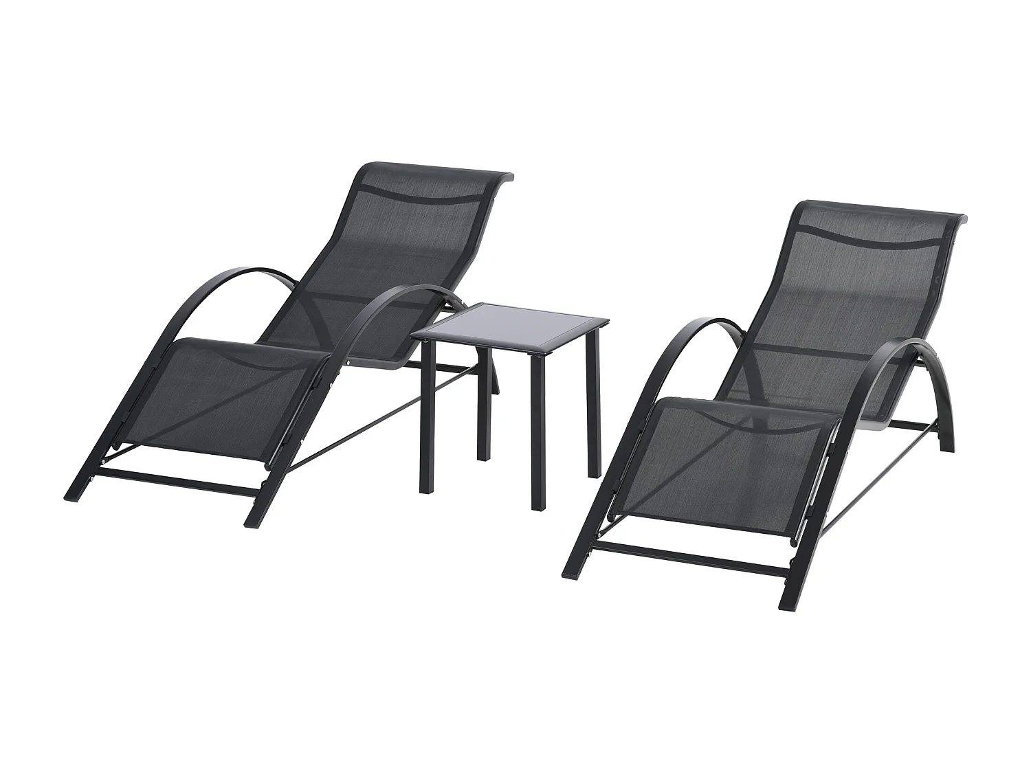 Lot de 2 bains de soleil design contemporain table basse plateau verre trempé métal époxy textilène noir