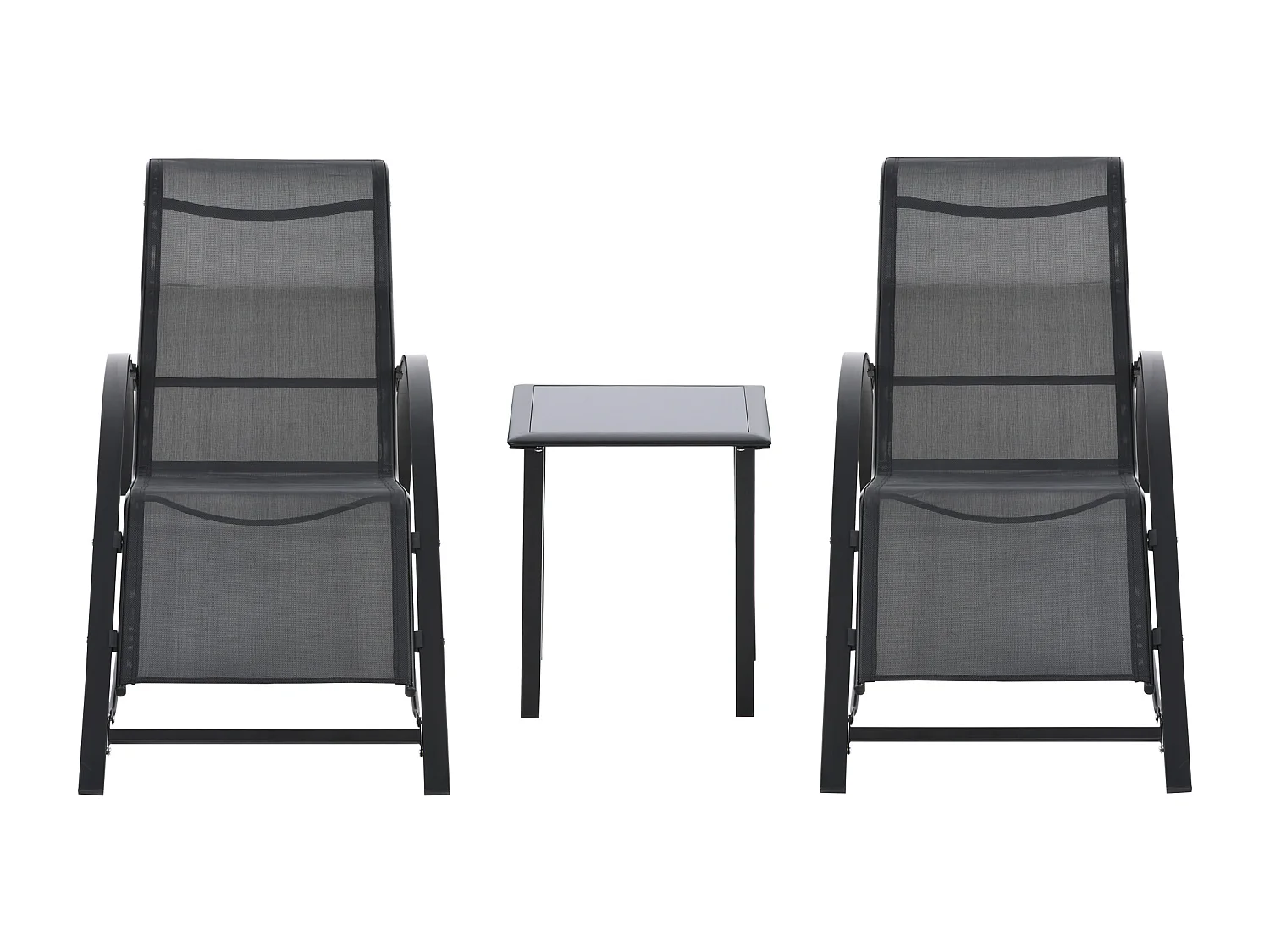 Lot de 2 bains de soleil design contemporain table basse plateau verre trempé métal époxy textilène noir