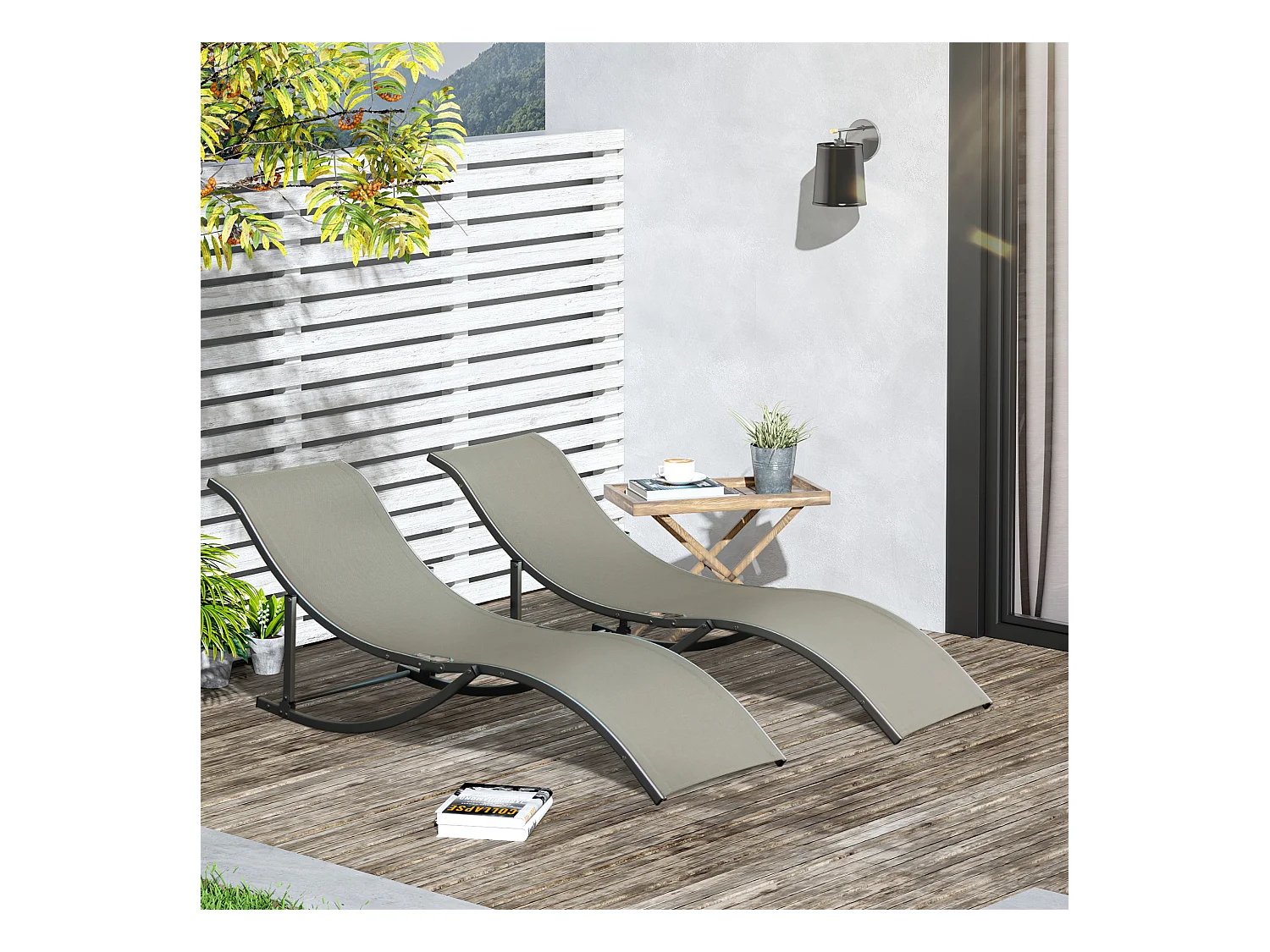 Lot de 2 bains de soleil pliables design contemporain - lot de 2 transats ergonomiques - alu. textilène gris clair