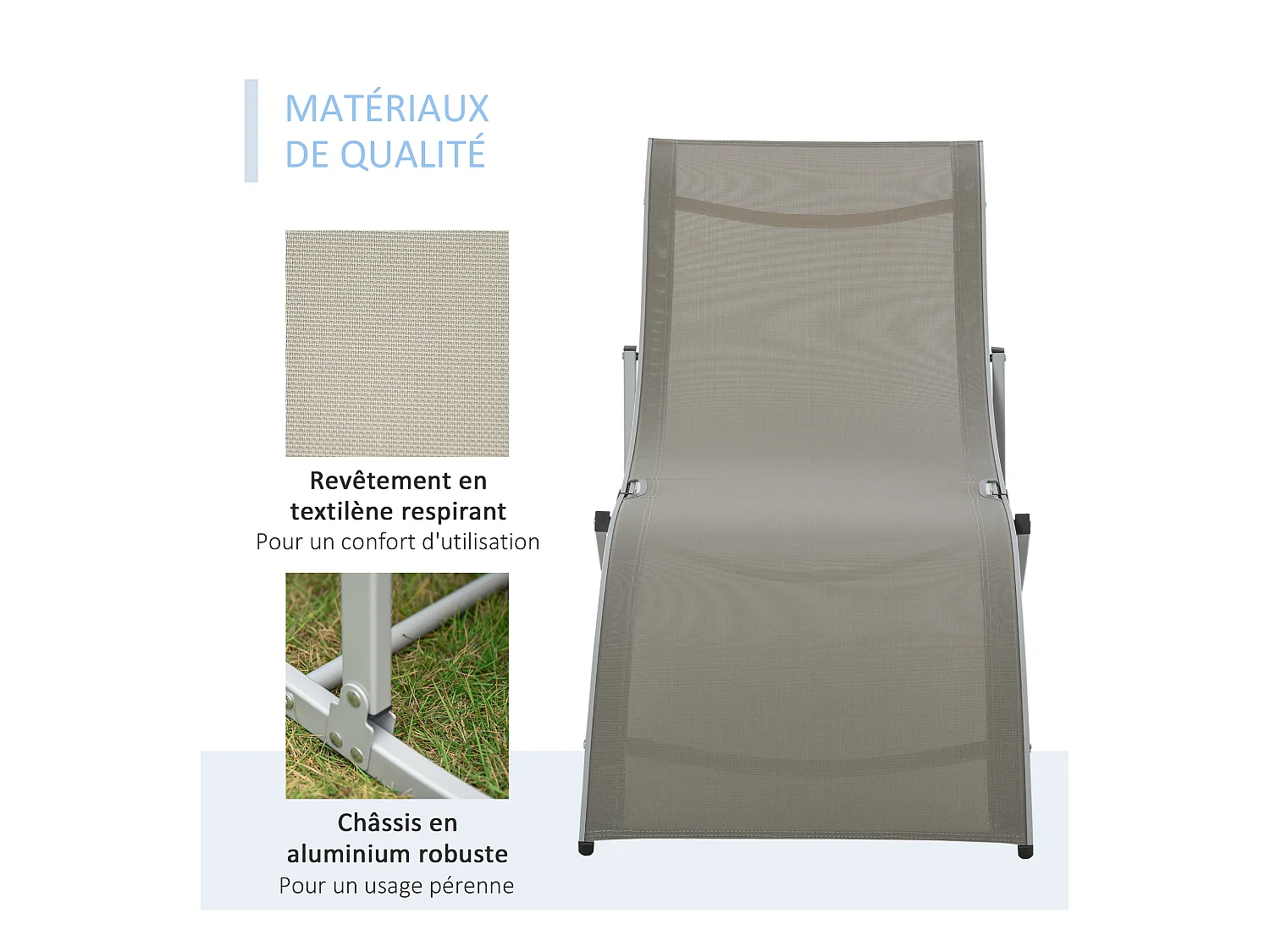 Lot de 2 bains de soleil pliables design contemporain - lot de 2 transats ergonomiques - alu. textilène gris clair