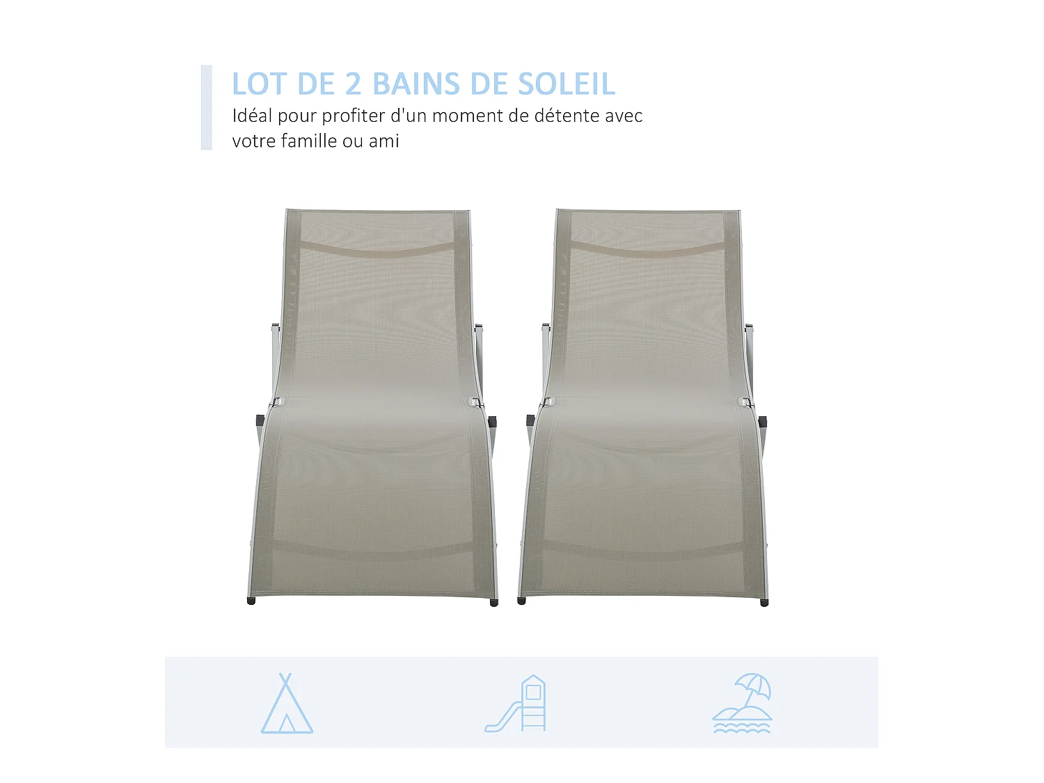 Lot de 2 bains de soleil pliables design contemporain - lot de 2 transats ergonomiques - alu. textilène gris clair