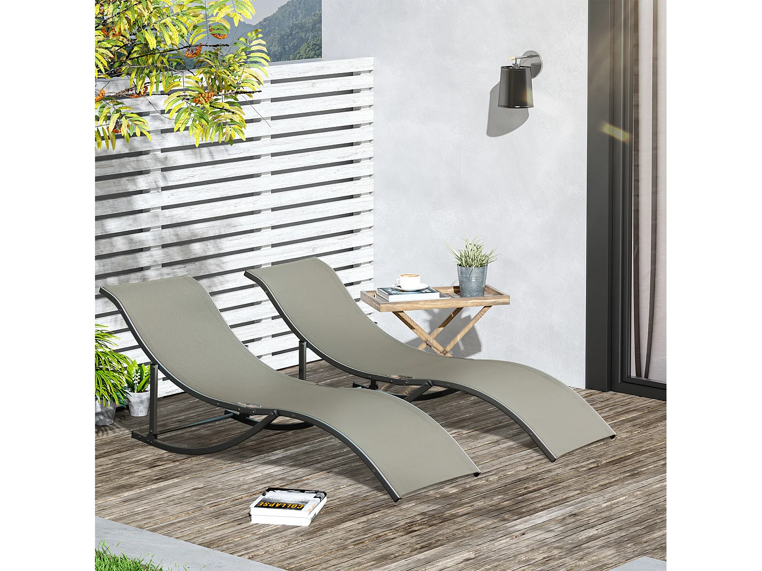 Lot de 2 bains de soleil pliables design contemporain - lot de 2 transats ergonomiques - alu. textilène gris clair