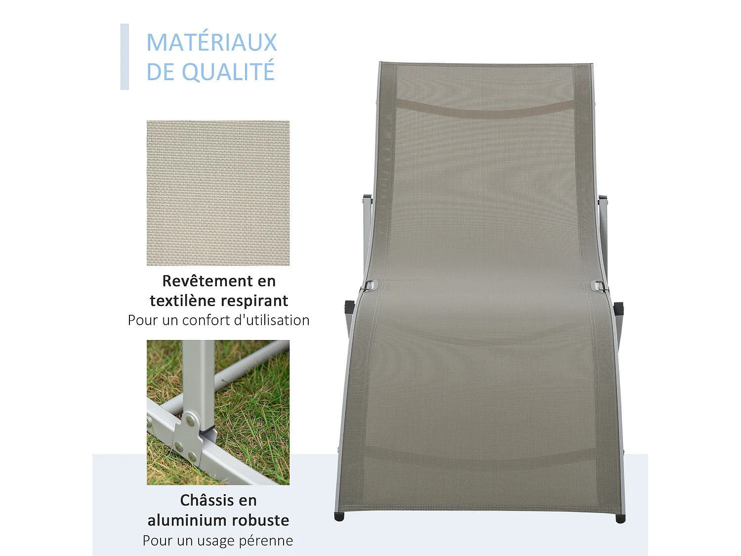 Lot de 2 bains de soleil pliables design contemporain - lot de 2 transats ergonomiques - alu. textilène gris clair