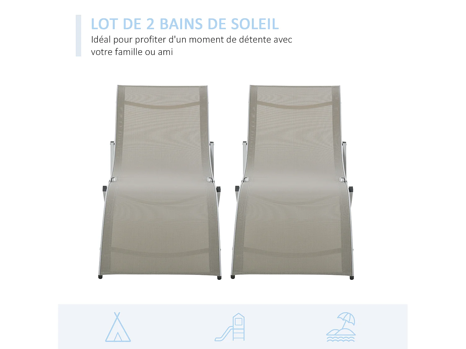 Lot de 2 bains de soleil pliables design contemporain - lot de 2 transats ergonomiques - alu. textilène gris clair