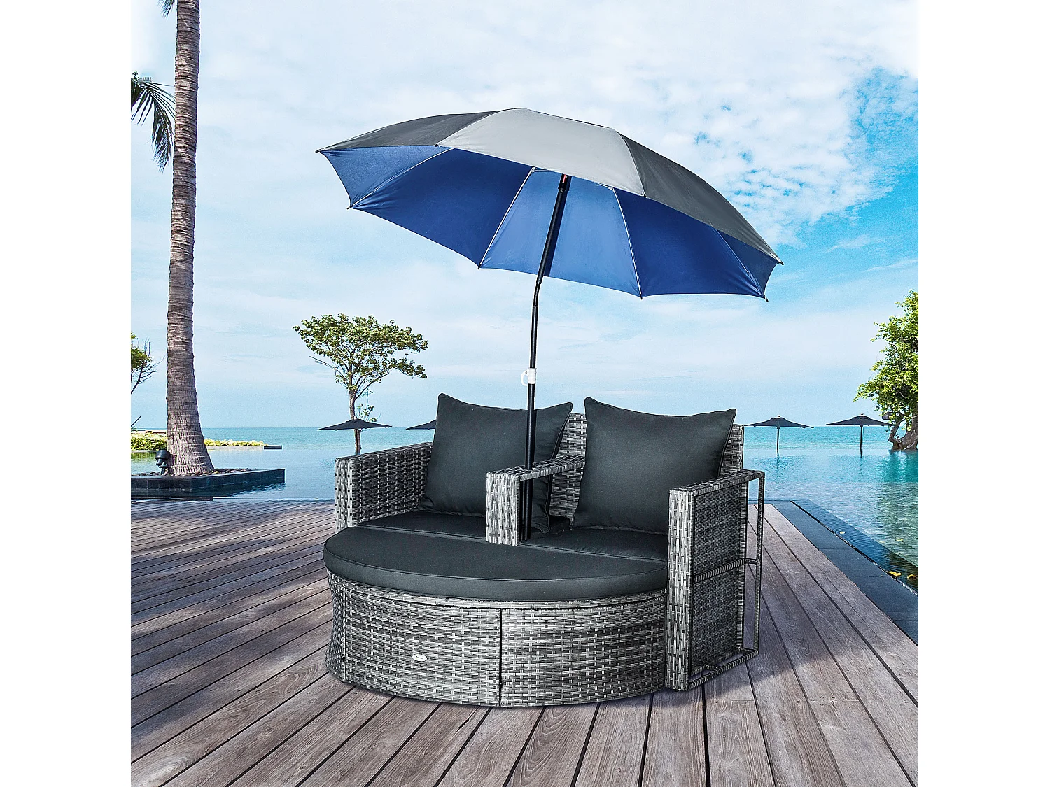 Ensemble salon de jardin 2 places 3 pièces - canapé 2 places, repose-pieds, parasol - coussins inclus - résine tressée gris