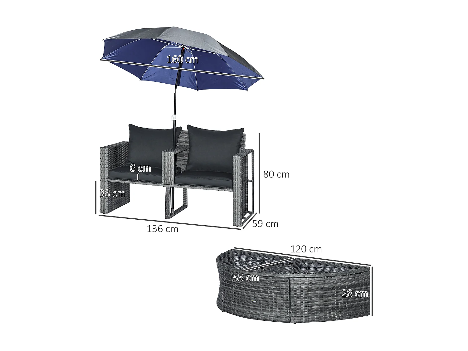 Ensemble salon de jardin 2 places 3 pièces - canapé 2 places, repose-pieds, parasol - coussins inclus - résine tressée gris
