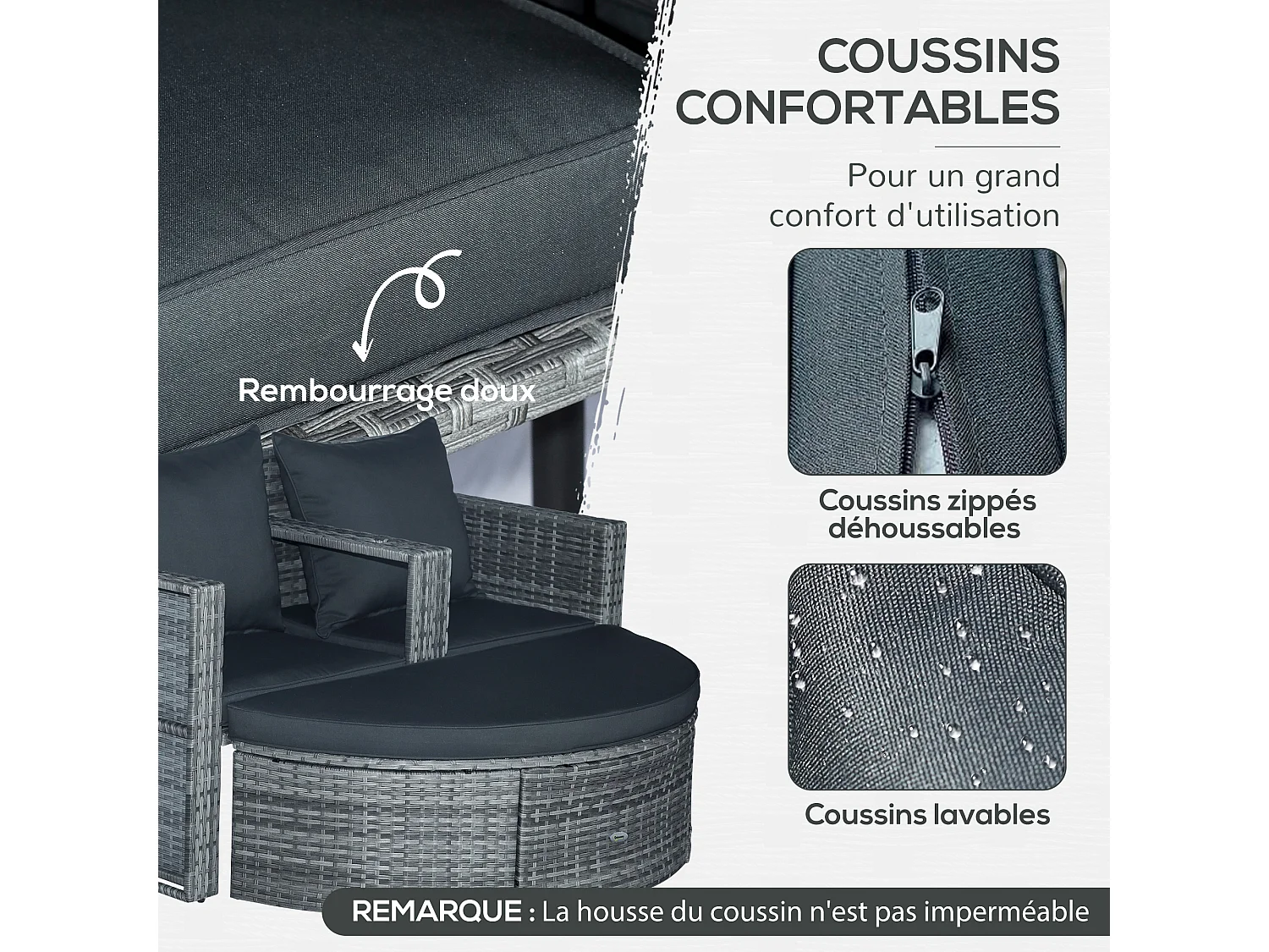 Ensemble salon de jardin 2 places 3 pièces - canapé 2 places, repose-pieds, parasol - coussins inclus - résine tressée gris