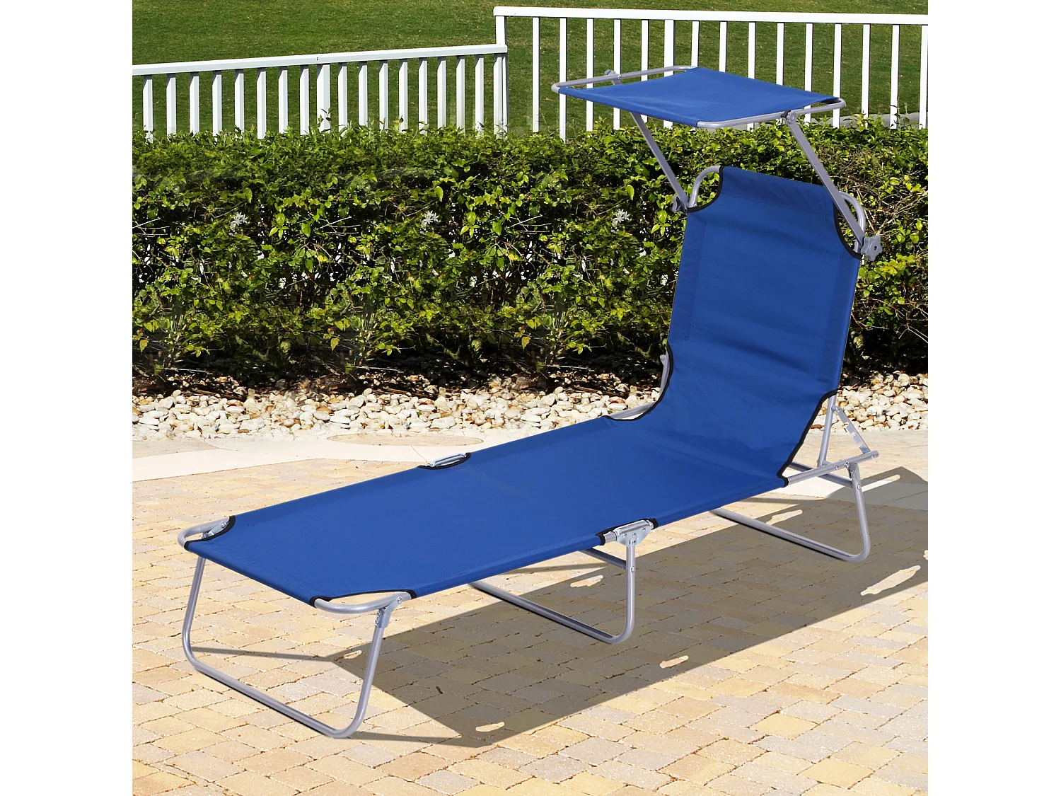 Transat bain de soleil pliable grand confort dossier et pare-soleil réglable multi-positions bleu