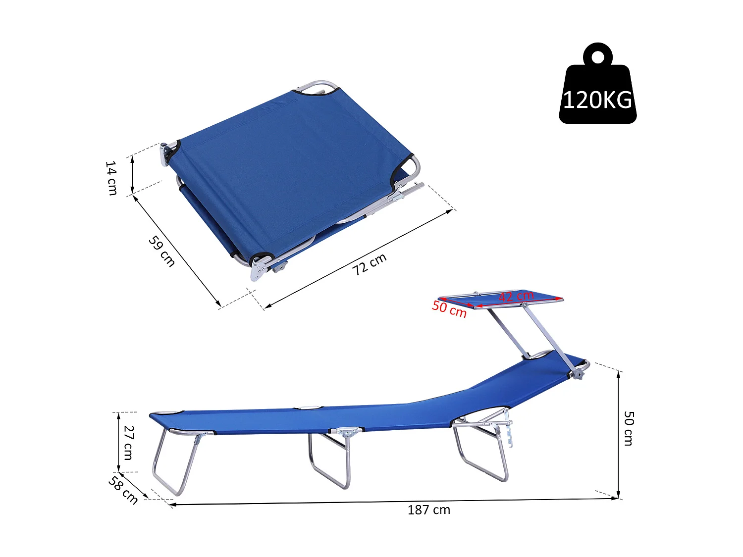 Transat bain de soleil pliable grand confort dossier et pare-soleil réglable multi-positions bleu