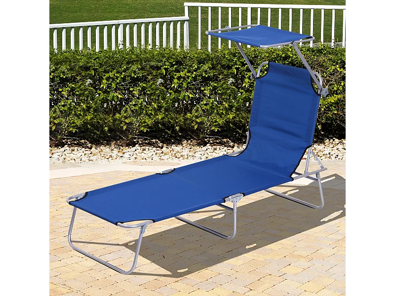 Transat bain de soleil pliable grand confort dossier et pare-soleil réglable multi-positions bleu