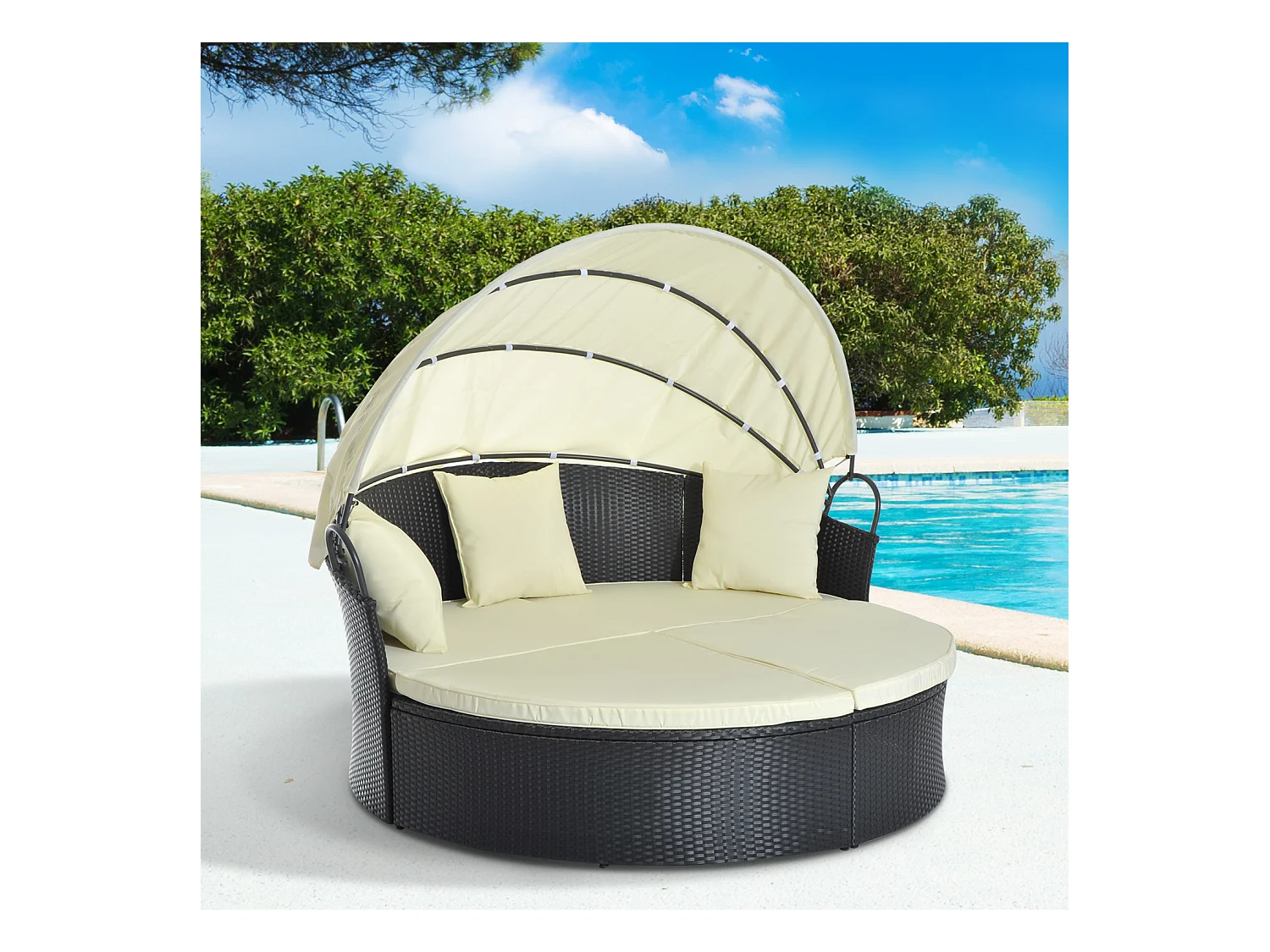 Lit canapé de jardin modulable grand confort pare-soleil pliable intégré 4 coussins 3 oreillers 171L x 180l x 155H cm métal résine tressée polyester noir beige