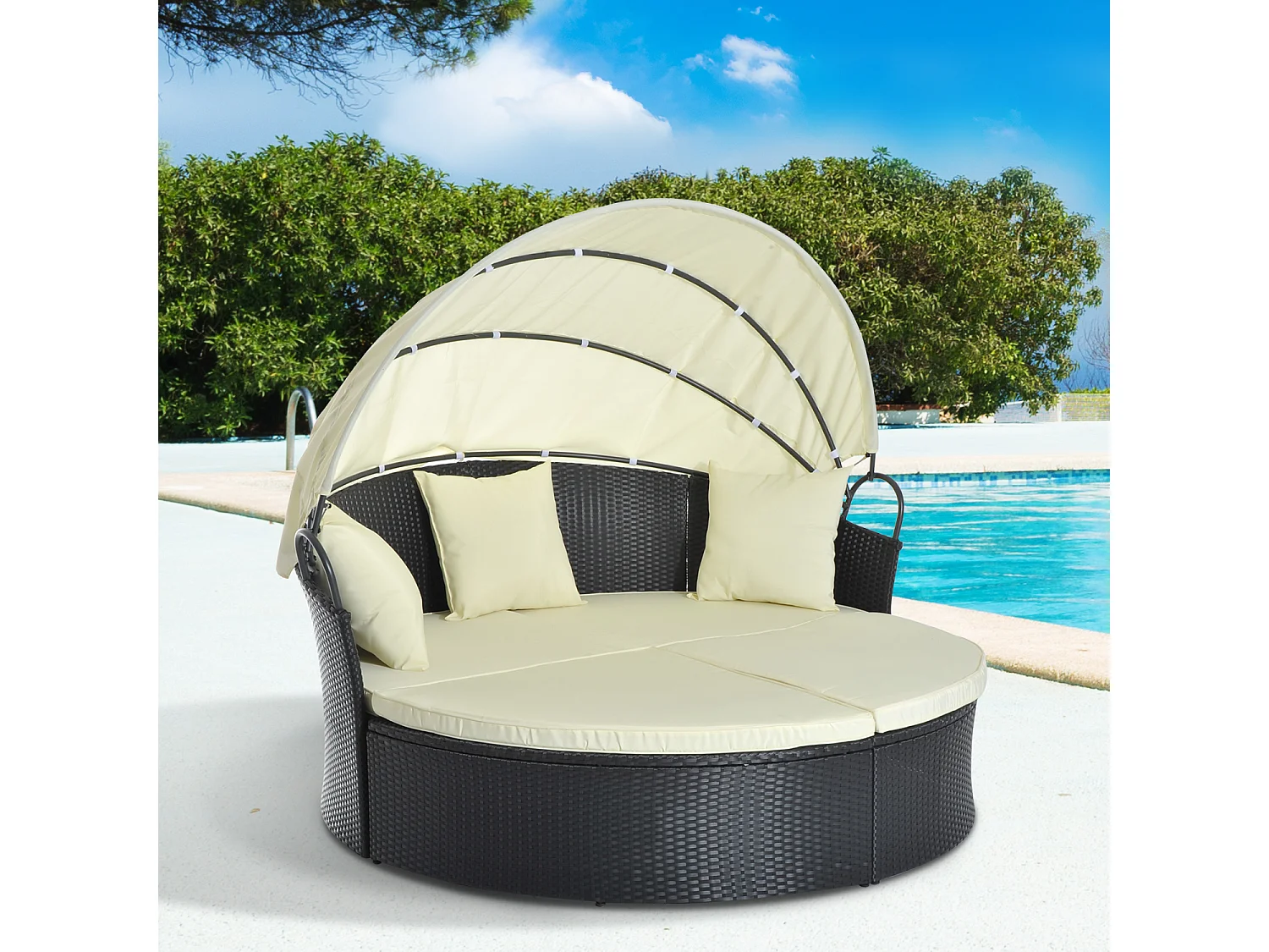 Lit canapé de jardin modulable grand confort pare-soleil pliable intégré 4 coussins 3 oreillers 171L x 180l x 155H cm métal résine tressée polyester noir beige